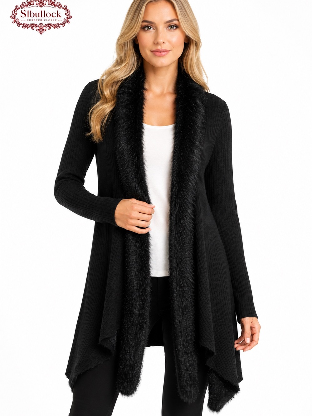 K4 Kate & Sam NWT Black Faux Fur Trim Waterfall Cardigan Size Large